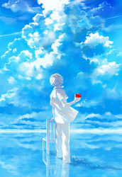 Rule 34 | 1boy, apple, blue sky, chair, cloud, commentary, dated, day, food, from behind, fruit, highres, holding, holding food, holding fruit, kaneki ken, koujima shikasa, male focus, open clothes, open shirt, pants, red apple, shirt, short hair, short sleeves, sky, soaking feet, solo, spot color, standing, tokyo ghoul, tokyo ghoul:re, wading, water, water world, white pants, white shirt