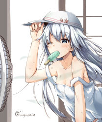 Rule 34 | 10s, 1girl, aqua eyes, aqua hair, bare shoulders, blush, chemise, collarbone, electric fan, flat cap, food, fuyu mi, hammer and sickle, hat, hibiki (kancolle), hot, kantai collection, long hair, mouth hold, off shoulder, one eye closed, popsicle, simple background, solo, strap slip, sweat, twitter username, verniy (kancolle)