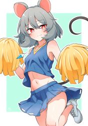 Rule 34 | 1girl, alternate costume, animal ears, blue shirt, blue skirt, blush, cheerleader, closed mouth, commentary request, commission, grey hair, highres, jewelry, light smile, looking at viewer, medium hair, mouse ears, mouse girl, mouse tail, navel, nazrin, pendant, pom pom (cheerleading), red eyes, scavia10, shirt, shoes, skeb commission, skirt, sleeveless, sleeveless shirt, sneakers, solo, tail, thighs, touhou