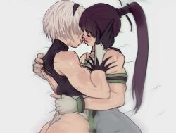 Rule 34 | 2b (nier:automata), 2girls, ass, black gloves, black leotard, brown hair, closed eyes, closed mouth, commentary, crossover, english commentary, eve (stellar blade), female focus, fingerless gloves, gloves, grey background, hand on another&#039;s head, hands on another&#039;s back, highres, imminent kiss, leotard, long hair, motion lines, multiple girls, muscular, muscular female, nier:automata, nier (series), parted lips, ponytail, short hair, simple background, stellar blade, trait connection, upper body, white gloves, white hair, yoracrab, yuri