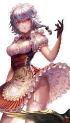 Rule 34 | 1girl, adapted costume, apron, blue dress, box (hotpppink), braid, breasts, contrapposto, corset, dress, frilled dress, frills, garter belt, garter straps, glowing, glowing eyes, hair between eyes, halloween, highres, izayoi sakuya, lace, lace-trimmed legwear, lace-trimmed panties, lace trim, lips, looking at viewer, maid, maid headdress, medium breasts, miniskirt, panties, pantyshot, petticoat, puffy short sleeves, puffy sleeves, red eyes, short hair, short sleeves, silver hair, simple background, skirt, slit pupils, solo, standing, striped clothes, striped dress, thighhighs, touhou, twin braids, underbust, underwear, upskirt, vertical stripes, waist apron, white thighhighs