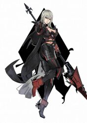 Rule 34 | 1girl, aranea highwind, artist name, belt, black cape, boots, breasts, cape, cleavage, closed mouth, commentary, denny626, final fantasy, final fantasy xv, full body, grey hair, holding, holding polearm, holding weapon, lance, large breasts, long hair, looking at viewer, pointing, pointing at viewer, polearm, red footwear, simple background, solo, standing, standing on one leg, twitter username, weapon, white background