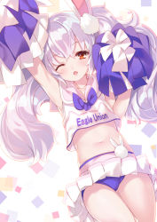 Rule 34 | 1girl, animal ears, arm up, azur lane, blue neckwear, blue panties, blush, cheerleader, clothes writing, commentary request, crop top, dutch angle, gluteal fold, hair between eyes, hand on own hip, laffey (azur lane), mayusaki yuu, navel, one eye closed, panties, parted lips, pleated skirt, pom pom (cheerleading), rabbit ears, red eyes, shirt, silver hair, skirt, sleeveless, sleeveless shirt, solo, twintails, underwear, white shirt, white skirt