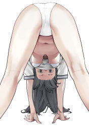 Rule 34 | 1girl, all fours, ass, bikini, bikini under clothes, black eyes, black hair, breasts, clothes lift, from behind, hanging breasts, highres, inamitsu shinji, kneepits, legs, legs apart, long hair, looking at viewer, looking back, medium breasts, navel, no pants, original, paid reward available, school uniform, shirt, shirt lift, short sleeves, simple background, sleeve cuffs, solo, stomach, swimsuit, upshirt, view between legs, white background, white bikini, white shirt