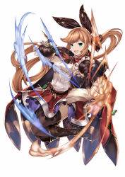 Rule 34 | 10s, 1girl, :d, black footwear, black gloves, black ribbon, black thighhighs, blonde hair, blush, boots, breasts, cape, clarisse (granblue fantasy), foreshortening, full body, gloves, granblue fantasy, green eyes, hair ribbon, highres, long hair, looking at viewer, open mouth, pak ce, ponytail, red skirt, ribbed sweater, ribbon, sideboob, skirt, sleeveless, sleeveless turtleneck, smile, solo, sweater, thighhighs, turtleneck