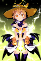 Rule 34 | 1girl, bare shoulders, blonde hair, breasts, cleavage, corset, demon wings, dress, electricity, fingerless gloves, flower, gloves, hat, jack-o&#039;-lantern, lightning bolt symbol, lowres, open mouth, parfunte, pumpkin, skirt, small breasts, solo, sword girls, thighhighs, wings, witch, witch hat, yellow eyes