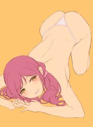Rule 34 | 10s, 1girl, all fours, ass, back, blush, breasts, duke (inu daimyou), fingers together, flat color, green eyes, hair ornament, hair scrunchie, long hair, looking at viewer, love live!, love live! school idol project, panties, purple hair, scrunchie, smile, solo, top-down bottom-up, topless, tojo nozomi, twintails, underwear, underwear only, white panties, yellow background