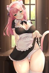 Rule 34 | 1girl, :q, animal ear fluff, animal ears, apron, aqua eyes, blush, breasts, cat ears, cat girl, cat tail, cleavage, cleavage cutout, clothes lift, clothing cutout, detached collar, dress, dress lift, groin, hair between eyes, highres, katsushika pachi, large breasts, long hair, looking at viewer, maid, maid headdress, original, panties, pink hair, puffy short sleeves, puffy sleeves, shiny skin, short sleeves, skindentation, smile, solo, tail, thighhighs, thighs, tongue, tongue out, underwear, white panties