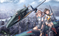 Rule 34 | 10s, 3girls, ahoge, aircraft, airplane, akizuki (kancolle), arm warmers, artist name, asagumo (kancolle), ascot, between legs, black eyes, black hair, bow, brown eyes, brown hair, building, city, cityscape, cloud, doraxi, fairy (kancolle), flying, gloves, goggles, goggles on head, green hair, hair bow, hand between legs, headband, helmet, high heels, highres, holding, horizon, kantai collection, long hair, microskirt, multiple girls, one eye closed, scenery, shinden (kancolle), short hair, signature, skirt, sky, suspenders, thigh strap, tree, twintails, vehicle focus, water, wind