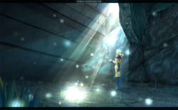 Rule 34 | 00s, 1girl, blonde hair, cave, female focus, final fantasy, final fantasy xii, full body, glowing, light rays, penelo, scenery, solo, standing, sunlight, tamago tomato, wide shot
