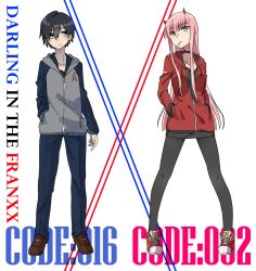 Rule 34 | 10s, 1boy, 1girl, black hair, black pantyhose, black skirt, blue eyes, blue pants, breasts, brown footwear, cleavage, commentary request, couple, darling in the franxx, english text, fringe trim, green eyes, grey hoodie, hand in pocket, hands in pockets, hetero, highres, hiro (darling in the franxx), hood, hoodie, horns, in mouth, long hair, nakoya (nane cat), oni horns, pants, pantyhose, pink hair, red footwear, red hoodie, red horns, shoes, short hair, skirt, sneakers, zero two (darling in the franxx)
