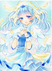 Rule 34 | 1girl, absurdres, amu (m aa), blue dress, blue eyes, blue hair, cure ange, dress, eyelashes, falling feathers, feathers, hands on own chest, highres, hugtto! precure, long hair, looking at viewer, marker (medium), precure, see-through, see-through sleeves, smile, solo, traditional media, very long hair, winged hat, wrist cuffs