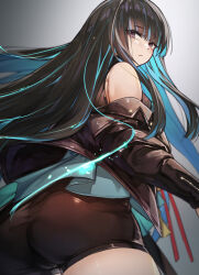 Rule 34 | 1girl, ass, bare shoulders, black hair, black jacket, blue hair, breasts, colored inner hair, dress, fate/grand order, fate (series), green dress, grey eyes, highres, jacket, long hair, long sleeves, looking at viewer, looking back, medium breasts, multicolored hair, off shoulder, open clothes, open jacket, sidelocks, solo, tenochtitlan (event portrait) (fate), tenochtitlan (fate), ura illust