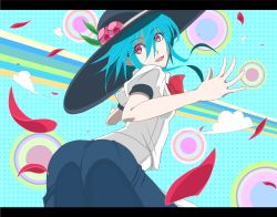Rule 34 | 1girl, alternate hairstyle, ass, blue hair, food, fruit, hat, highres, hinanawi tenshi, looking back, open mouth, peach, rapuka, red eyes, short hair, solo, touhou