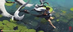 Rule 34 | 1girl, animal, bike shorts, bird, black hair, commentary request, crane (animal), day, flying, green theme, highres, hydrokinesis, kan liu (666k), lily pad, long hair, multicolored hair, on water, original, outdoors, pointy ears, ponytail, red hair, robe, scenery, standing, streaked hair, sword, water, watermark, weapon, web address