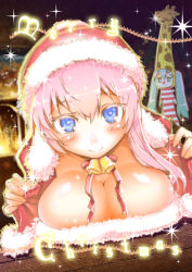 Rule 34 | 2girls, aqua eyes, aqua hair, bell, blue eyes, blush, breasts, christmas, cleavage, closed mouth, colored eyelashes, dutch angle, english text, hat, hatsune miku, hitotose rin, large breasts, long hair, looking at viewer, md5 mismatch, megurine luka, merry christmas, multiple girls, pink hair, santa costume, santa hat, sketch, smile, sparkle, twintails, very long hair, vocaloid