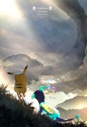 Rule 34 | alternate color, balancing on tail, captain pikachu, creatures (company), crossed arms, field, flying, game freak, gen 1 pokemon, gen 3 pokemon, hat, landscape, legendary pokemon, mountain, nintendo, no humans, otsumami (bu-bu-heaven), outdoors, pikachu, pokemon, pokemon (anime), pokemon (creature), pokemon horizons, rayquaza, shiny pokemon, terapagos, terapagos (normal)