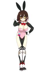 Rule 34 | 1girl, android, animal ears, bent over, black-framed eyewear, black hairband, bow, bowtie, breasts, brown hair, cleavage, detached collar, fake animal ears, glasses, gradient hair, groin, hair between eyes, hairband, hand in own hair, highres, hololive, large breasts, legs together, leotard, looking at viewer, mechanical arms, mechanical legs, multicolored hair, okunin, pink hair, pink leotard, playboy bunny, rabbit ears, red bow, red bowtie, roboco-san, short hair, simple background, smile, solo, standing, strapless, strapless leotard, two-tone hair, virtual youtuber, white background, wrist cuffs, yellow eyes