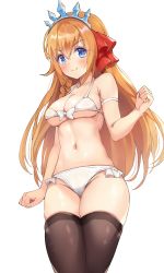 Rule 34 | &gt;:), 1girl, amanoyui, arm at side, arm strap, bad id, bad pixiv id, bare shoulders, bikini, black thighhighs, blue eyes, blush, bow, braid, breasts, cleavage, clenched hand, closed mouth, collarbone, cowboy shot, frilled bikini, frills, front-tie bikini top, front-tie top, hair ribbon, highres, looking at viewer, medium breasts, navel, orange hair, pecorine (princess connect!), princess connect!, red ribbon, ribbon, side braid, smug, solo, stomach, swimsuit, thighhighs, tiara, underboob, v-shaped eyebrows, white bikini, white bow