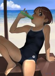 Rule 34 | 1girl, arena (company), arm support, beach, blue eyes, blue sky, breasts, cloud, commentary request, competition school swimsuit, day, eating, highres, mu-pyon, ocean, one-piece swimsuit, one-piece tan, original, outdoors, sand, school swimsuit, short hair, sitting, sky, small breasts, solo, spread legs, suggestive food, swimsuit, tan, tanline, water