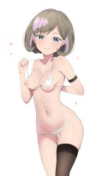 Rule 34 | 1girl, bare shoulders, bikini, black thighhighs, blue eyes, blush, breasts, coro fae, highres, light brown hair, looking at viewer, love live!, love live! superstar!!, medium breasts, navel, nipples, one breast out, parted bangs, short hair, smile, solo, swimsuit, tang keke, thighhighs, thighs, white background, white bikini