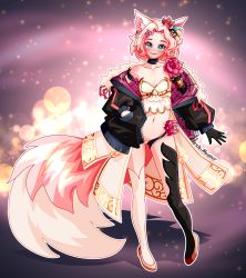 Rule 34 | 1boy, absurdres, animal ears, arch-mazter, artist name, artist self-insert, blue eyes, blush, flower, flower on head, fox ears, fox tail, full body, fur trim, gold trim, hair ornament, hairclip, heart, heart-shaped pupils, highres, jacket, navel, open clothes, open jacket, original, panties, pink hair, shoes, short hair, solo, symbol-shaped pupils, tail, thighhighs, trap, underwear, white panties, white thighhighs