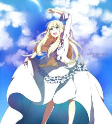 Rule 34 | 10s, 1girl, aldnoah.zero, amy26, arm up, asseylum vers allusia, blonde hair, blush, cloud, dress, feathers, green eyes, happy birthday, highres, long hair, md5 mismatch, open mouth, resized, sky, smile, solo