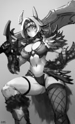 Rule 34 | 1girl, breasts, commentary, feet out of frame, gauntlets, genkai zero, grey background, greyscale, headband, holding, holding sword, holding weapon, horns, huge weapon, large breasts, leg up, looking to the side, monochrome, monster hunter, monster hunter: world, monster hunter (series), navel, original, over shoulder, panties, short hair, signature, simple background, solo, sword, thighhighs, underwear, weapon, weapon over shoulder