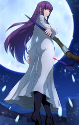 Rule 34 | 1girl, ass, blunt bangs, blush, breasts, closed mouth, dress, fern (sousou no frieren), from behind, full moon, highres, holding, holding staff, joy ride, large breasts, long hair, long sleeves, looking at viewer, looking back, mage staff, moon, night, night sky, outdoors, purple eyes, purple hair, sidelocks, sky, solo, sousou no frieren, staff, star (sky), straight hair, white dress