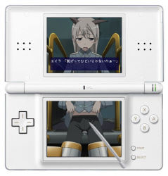 Rule 34 | 00s, 1girl, animal ears, blonde hair, clothes lift, crotch seam, derivative work, eila ilmatar juutilainen, embarrassed, fake screenshot, handheld game console, long hair, lowres, midriff, nintendo ds, non-web source, pantyhose, shirt lift, strike witches, striker unit, stylus, third-party edit, translated, world witches series