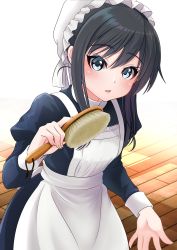 Rule 34 | 1girl, absurdres, alternate costume, apron, asashio (kancolle), black dress, black hair, blue eyes, blush, breasts, dress, enmaided, floor, frilled apron, frilled dress, frills, hair between eyes, hair brush, hat, highres, holding, holding brush, indoors, kantai collection, lips, long hair, long sleeves, looking at viewer, maid, maid apron, makura (y makura), puffy sleeves, small breasts, solo, waist apron, white apron