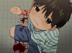 Rule 34 | 1boy, black hair, blood, blue shorts, child, crying, from above, gurio0505, injury, looking at viewer, looking up, male focus, original, pool of blood, shirt, short hair, shorts, solo, striped clothes, striped shirt, tears, tile floor, tiles, wrist cutting