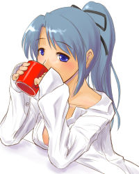 Rule 34 | 1girl, adder, blue eyes, blue hair, bow, coffee, cup, dress shirt, drinking, hair bow, long hair, matching hair/eyes, mug, open clothes, open shirt, original, oversized clothes, ponytail, shirt, simple background, solo, tan, white background