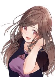 Rule 34 | 1girl, blush, breasts, brown eyes, brown hair, hand in own hair, highres, idolmaster, idolmaster shiny colors, jewelry, large breasts, long hair, looking at viewer, necklace, open mouth, pekoni (peconi), purple shirt, shirt, simple background, smile, solo, swept bangs, tsukioka kogane, white background