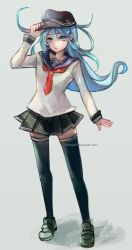 Rule 34 | 1girl, absurdres, adjusting clothes, adjusting headwear, anchor symbol, aqua eyes, aqua hair, arm at side, arms up, artist name, black hat, black skirt, black thighhighs, blue hair, blue sailor collar, closed mouth, commentary, deviantart username, english commentary, full body, grey background, hat, hibiki (kancolle), highres, kantai collection, long sleeves, looking at viewer, multicolored hair, necktie, pleated skirt, red necktie, sailor collar, shirt, simha14, simple background, skirt, solo, thighhighs, two-tone hair, watermark, web address, white shirt, zettai ryouiki