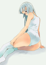Rule 34 | 1girl, arm at side, ass, bare arms, bare shoulders, blunt bangs, breasts, closed mouth, colored eyelashes, fingernails, frown, hand on own thigh, io naomichi, leotard, long hair, looking down, original, over-kneehighs, red eyes, silver hair, sitting, small breasts, solo, straight hair, thighhighs, very long hair, white leotard, white thighhighs