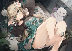 Rule 34 | 1girl, :3, bare shoulders, barefoot, blush, braid, breasts, cleavage, cleavage cutout, closed mouth, clothing cutout, commentary, coria, dress, foot out of frame, french braid, green dress, green eyes, highres, holding, honkai: star rail, honkai (series), indoors, layered sleeves, legs up, light brown hair, long hair, long sleeves, looking at viewer, lying, mahjong, mahjong tile, on back, qingque (honkai: star rail), short shorts, shorts, shoulder cutout, small breasts, soles, solo, symbol-only commentary, toes, twintails, white shorts