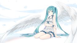 Rule 34 | 1girl, aqua eyes, aqua hair, choker, dress, feathered wings, fhang, full body, hatsune miku, highres, holding own arm, bridal garter, light smile, long hair, sitting, solo, twintails, very long hair, vocaloid, white background, white dress, wings