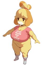 Rule 34 | 1girl, animal crossing, animal ears, bottomless, breasts, clothes writing, dog ears, dog girl, dog tail, forastero, highres, isabelle (animal crossing), large breasts, multicolored fur, nintendo, plump, shortstack, smile, socks, tail, thick thighs, thighs, two-tone fur, white background, wide hips, yellow fur