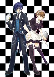 Rule 34 | atlus, bad id, bad pixiv id, brown hair, checkered background, colorized, formal, glasses, highres, magi12, maid, persona, persona 3, persona 3 portable, shiomi kotone, short hair, skirt, smile, suit, thighhighs, yuuki makoto (persona 3)
