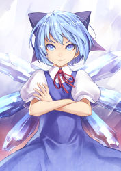 Rule 34 | &gt;:), 1girl, blue eyes, blue hair, bow, cirno, crossed arms, gunbuster pose, hair bow, highres, kunieda, matching hair/eyes, short hair, smile, solo, sparkle, touhou, tsurime, upper body, v-shaped eyebrows, wings