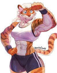 Rule 34 | absurdres, animal ears, arm up, artist name, black shorts, blue eyes, breasts, furry, furry female, gift art, hand on own hip, highres, large breasts, long hair, muscular, muscular female, navel, nonoka917, orange fur, original, ponytail, short shorts, shorts, simple background, solo, sports bra, tail, tiger ears, tiger girl, tiger tail, white background, white fur, white hair, white sports bra, workout clothes