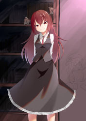 Rule 34 | 2girls, arms behind back, bat wings, black skirt, black vest, blush, book, bookshelf, breasts, closed mouth, crescent, crescent hat ornament, dekaraitaa, feet out of frame, hair between eyes, hat, hat ornament, head wings, highres, indoors, koakuma, long hair, looking at viewer, medium breasts, mob cap, multiple girls, necktie, open book, patchouli knowledge, petticoat, reading, red eyes, red hair, red neckwear, simple background, skirt, smile, solo focus, standing, touhou, very long hair, vest, wings