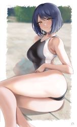 Rule 34 | 1girl, armpit crease, armpit lips, ass, bare arms, bare legs, blue hair, blurry, blurry background, bob cut, breasts, brown eyes, collarbone, competition swimsuit, feet out of frame, genshin impact, highres, kujou sara, large breasts, legs, light blush, looking at viewer, lying, on side, one-piece swimsuit, ryudraw, short hair, solo, swimsuit, thighs, two-tone swimsuit