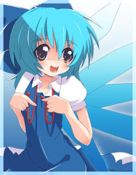 Rule 34 | 1girl, blue hair, cirno, collared shirt, dress, embodiment of scarlet devil, female focus, gradient background, ribbon, shirt, short hair, solo, sora to umi, touhou, white background, wings