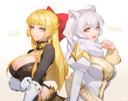 Rule 34 | 2girls, ahoge, alternate color, animal ears, blonde hair, blue eyes, blunt bangs, bow, braid, breasts, brown skirt, cat ears, character name, chinese commentary, cleavage, closed mouth, commentary request, cross, dress, earrings, fang, french braid, genetic (ragnarok online), gloves, hair between eyes, hair bow, high priest (ragnarok online), highres, jewelry, juliet sleeves, large breasts, long hair, long sleeves, looking at viewer, multiple girls, open mouth, pink eyes, puffy sleeves, ragnarok online, red bow, rio, sash, shrug (clothing), simple background, skirt, smile, two-tone dress, upper body, white background, white dress, white gloves, white hair, yellow dress, yellow sash