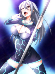 Rule 34 | 10s, 1girl, breasts, brown eyes, cleavage, cleavage cutout, clothing cutout, fangs, idolmaster, idolmaster cinderella girls, large breasts, long hair, open mouth, pole, pole dancing, red eyes, saliva, silver hair, solo, takamine noa, thighhighs, tongue, tongue out, yunodon (sugar maple)