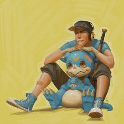 Rule 34 | baseball bat, digimon, digimon (creature), hat, headphones, highres, scout (tf2), tail, team fortress 2, v-mon