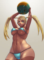 Rule 34 | 1990s (style), 1girl, :d, ?, arm up, armpits, arms up, ball, beachball, beige background, bikini, blanka, blonde hair, blue eyes, breasts, capcom, covered erect nipples, cowboy shot, curvy, artistic error, fangs, highres, hip focus, large breasts, long hair, looking at viewer, lowleg, lowleg bikini, no mask, open mouth, rainbow mika, retro artstyle, sethxzoe, shiny skin, simple background, skindentation, smile, solo, street fighter, street fighter zero (series), string bikini, sweatdrop, swimsuit, tan, tanline, toned, twintails, underboob, wide hips