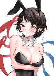 Rule 34 | 1girl, animal ears, asymmetrical wings, bare shoulders, black hair, blush, bow, breasts, cleavage, closed mouth, cowboy shot, detached collar, embarrassed, fake animal ears, flying sweatdrops, half-closed eyes, highres, houjuu nue, large breasts, leotard, makita (vector1525), playboy bunny, pointy ears, rabbit ears, red eyes, red wings, simple background, solo, touhou, upper body, white background, wings